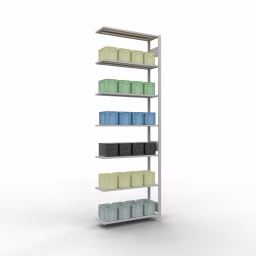 Productafbeelding nr. 15 van het artikel Aanbouwrekken, legbordstellingen, insteeksysteem MULTIplus85, 3000 x 1000 x 300 mm (HxBxD), 7 legborden, lengtestangen, RAL 7035 lichtgrijs Figuur nr. 15 van het artikel aanbouwrekken, legbordstellingen, insteeksysteem MULTIplus85, 3000 x 1000 x 300 mm, 7 legborden, RAL 7035 lichtgrijs uit de productgroep insteeksysteem van het merk Schulte Lagertechnik.