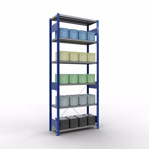Extra afbeelding van het artikel Basisplank, legbord, insteeksysteem MULTIplus250, 2500 x 1000 x 400 mm, 6 legborden, kruisschoor, RAL 5010 gentiaanblauw/verzinkt Extra afbeelding van het artikel Basisplank, legplank MULTIplus250 insteeksysteem, 2500 x 1000 x 400 mm, 6 legborden, kruisschoor, RAL 5010 gentiaanblauw/verzinkt vanaf basisplank