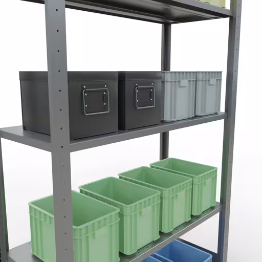 Productafbeelding nr. 15 van het artikel basisplank, legbord, insteeksysteem MULTIplus85, 2000 x 1000 x 400 mm (HxBxD), 5 legborden, lengtestangen, verzinkt Figuur nr. 15 van het artikel basisrek, legplank-insteeksysteem MULTIplus85, 2000 x 1000 x 400 mm, 5 legborden, verzinkt uit de productgroep insteeksysteem van het merk Schulte Lagertechnik.