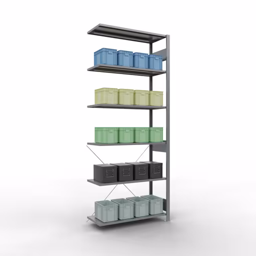 Productafbeelding nr. 12 van het artikel Aanbouwrekken, legbordstellingen, insteeksysteem MULTIplus85, 2500 x 1000 x 400 mm (HxBxD), 6 legborden, kruisschoor, verzinkt Figuur nr. 12 van het artikel aanbouwrekken, legbordstellingen, insteeksysteem MULTIplus85, 2500 x 1000 x 400 mm, 6 legborden, verzinkt uit de productgroep insteeksysteem van het merk Schulte Lagertechnik.