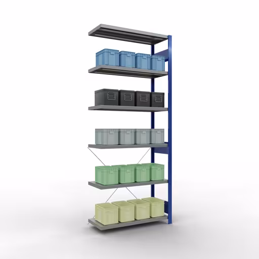 Productafbeelding nr. 11 van het artikel Aanbouwrekken, legbordstellingen, insteeksysteem MULTIplus330, 2500 x 1000 x 400 mm, 6 legborden, kruisschoor, RAL 5010 gentiaanblauw/verzinkt Afbeelding nr. 11 van het artikel aanbouwrekken, legbordstellingen, insteeksysteem MULTIplus330, 2500 x 1000 x 400 mm, 6 legborden, kruisschoor, RAL 5010 gentiaanblauw/verzinkt uit de productgroep insteeksysteem van Schulte Lagertechnik.