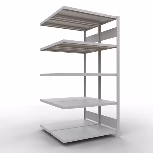 Aanbouwrekken, dubbele rekken, stellingsysteem MULTIplus250, 2000 x 1000 x (2x500) mm (HxBxD), 2x5 planken, lengtestangen, RAL 7035 lichtgrijs, dubbele planken, art.nr. 33255