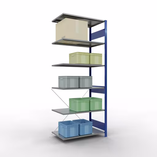 Productafbeelding nr. 14 van het artikel Aanbouwrekken, legbordstellingen, insteeksysteem MULTIplus85, 2500 x 1000 x 600 mm (HxBxD), 6 legborden, kruisschoor, RAL 5010 gentiaanblauw Figuur nr. 14 van het artikel aanbouwrekken, legbordstellingen, insteeksysteem MULTIplus85, 2500 x 1000 x 600 mm, 6 legborden, RAL 5010 gentiaanblauw uit de productgroep insteeksysteem van het merk Schulte Lagertechnik.