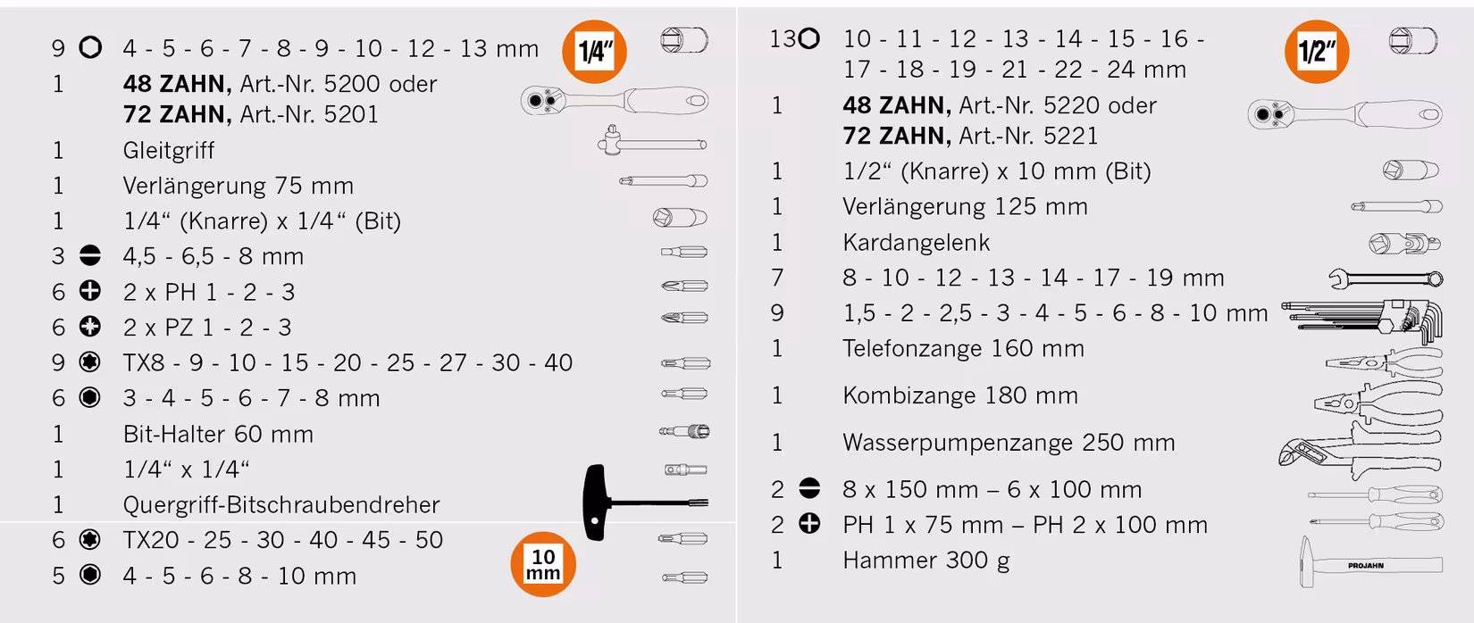 1/4" + 1/2" proficraft gereedschapskoffer 98-delig 48 tandratels van het merk PROJAHN uit de categorie handgereedschap