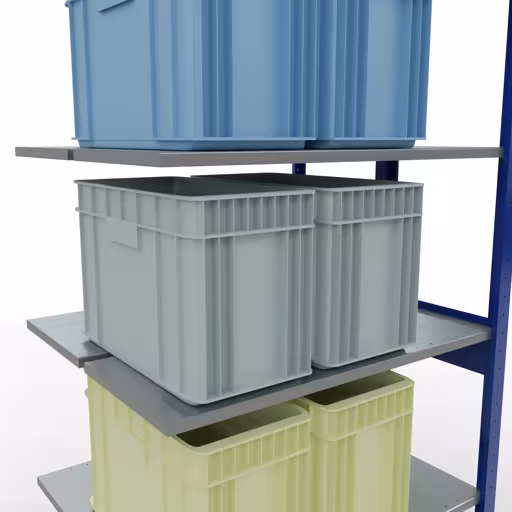 Extra afbeelding van het artikel Aanbouwplank, dubbele plank, legplank-insteeksysteem MULTIplus150, 2500 x 1000 x (2x400) mm, 2x6 legborden, lengtestangen, RAL 5010 gentiaanblauw uit dubbele legborden