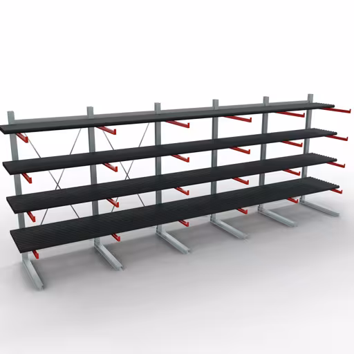 Productafbeelding nr. 12 van artikel K 6000 compleet legbord, eenzijdig, 3000 x 7500 x 1250 mm, RAL 7001 / RAL 3000, 5 opslagniveaus Afbeelding nr. 12 van artikel K 6000 complete stelling, eenzijdig, 3000 x 7500 x 1250 mm, RAL 7001 / RAL 3000, 5 opslagniveaus uit de productgroep draagarmstellingen van Schulte Lagertechnik
