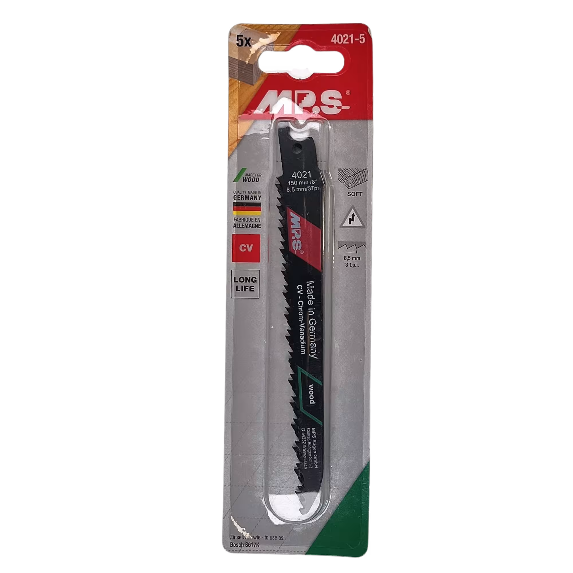 CV reciprozaagblad gefreesd en gezet GL 150/VL 130mm, ZT 8,5mm van MPS met het artikelnr. 4021-5