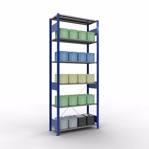 Productafbeelding nr. 13 van het artikel basisplank, legbord, insteeksysteem MULTIplus85, 2500 x 1000 x 400 mm (HxBxD), 6 legborden, kruisschoor, RAL 5010 gentiaanblauw Figuur nr. 13 van het artikel basisrek, legplank-insteeksysteem MULTIplus85, 2500 x 1000 x 400 mm, 6 legborden, RAL 5010 gentiaanblauw uit de productgroep insteeksysteem van het merk Schulte Lagertechnik.