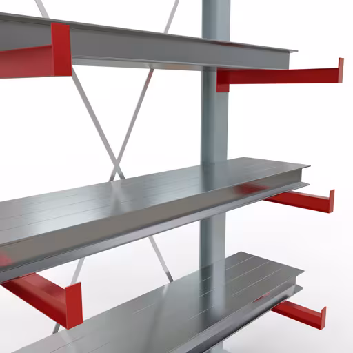 Productafbeelding nr. 10 van artikel K 3000 compleet legbord, eenzijdig, 2500 x 1300 x 600 mm, RAL 7001 / RAL 3000, 5 opslagniveaus Figuur nr. 10 van het artikel K 3000 complete stelling, enkelzijdig, 2500 x 1300 x 600 mm, RAL 7001 / RAL 3000, 5 opslagniveaus uit de productgroep draagarmstellingen van Schulte Lagertechnik.