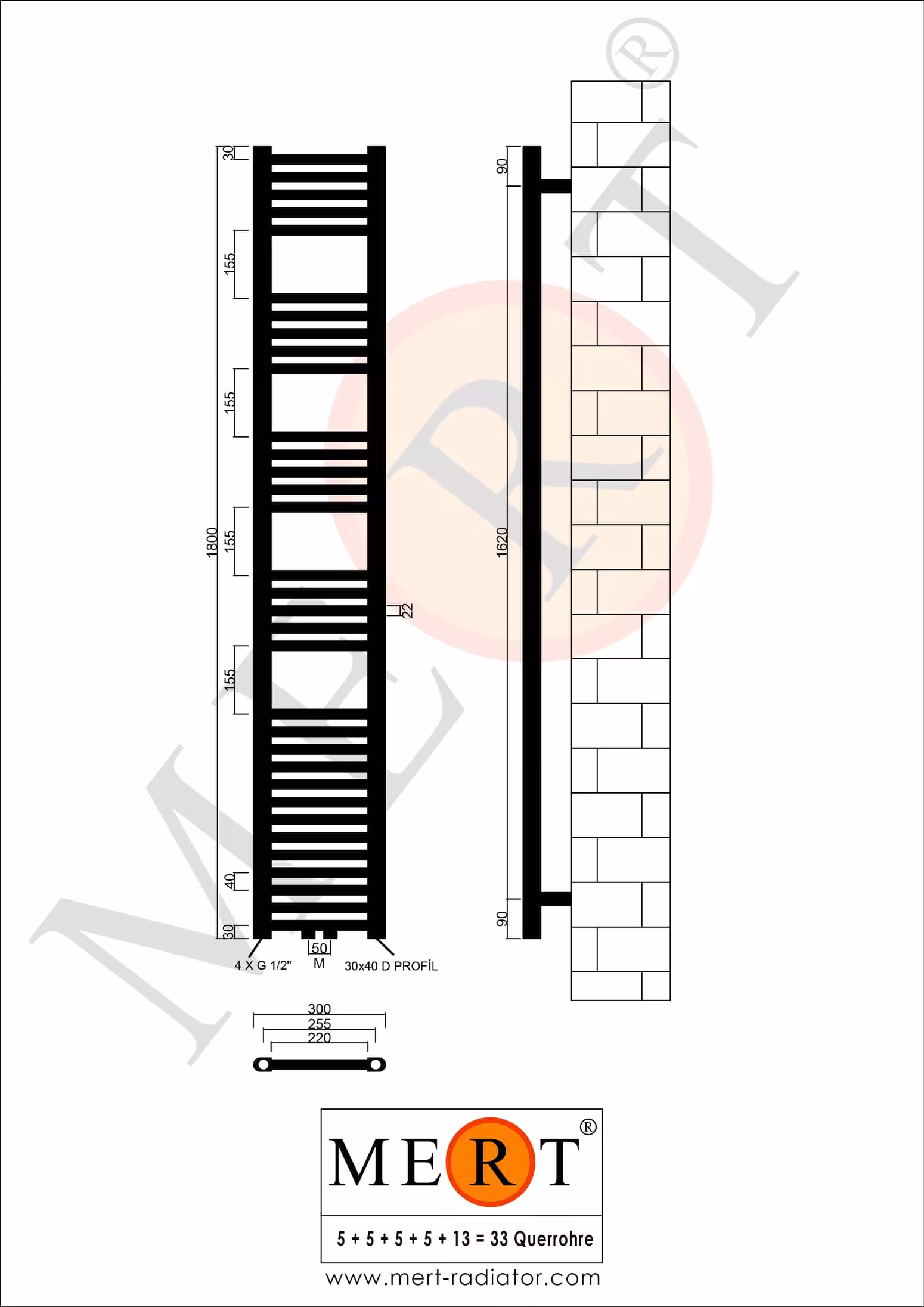 MERT badkamerradiator chroom recht, 300*1800 mm, middenaansluiting van MERT uit de categorie radiatoren