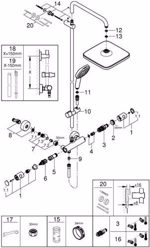 Technische Zeichnung 4037133 GROHE Tempesta 250 Cube douchesysteem 26689_1 Douchemengkraan met thermostatische hoofddouche Tempesta 250 Cube chroom