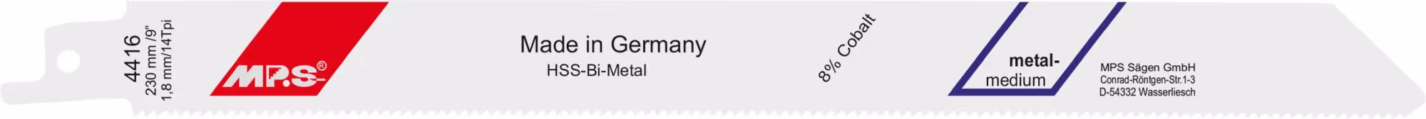 Bimetaal reciprozaagblad gefreesd en gezet totale lengte 230/vertande lengte 210 mm, tandsteek 1,8 mm van MPS MPS bimetaal-reciprozaagblad gefreesd en ingesteld voor de bewerking van hout en metalen materialen, reciprozaagblad, art.nr. 4416-5