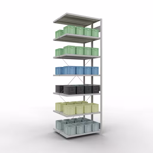 Extra afbeelding van het artikel Aanbouwplank, dubbele plank, stellingsysteem MULTIplus250, 3000 x 1000 x (2x400) mm, 2x7 planken, kruisschoor, RAL 7035 lichtgrijs van dubbele planken