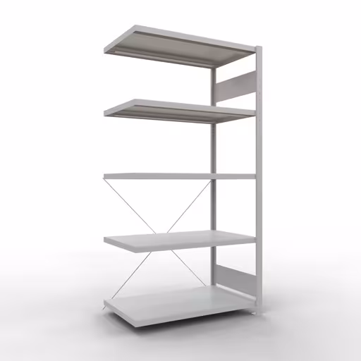 Aanbouwrekken, rekken, insteeksysteem MULTIplus330, 2000 x 1000 x 600 mm (HxBxD), 5 planken, kruisschoor, RAL 7035 lichtgrijs van Schulte Lagertechnik Aanbouwrekken, legborden, insteeksysteem MULTIplus330, 2000 x 1000 x 600 mm (HxBxD), 5 legborden, kruisschoor, RAL 7035 lichtgrijs, aanbouwplank, art.nr. 33865