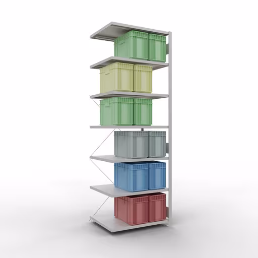 Aanbouwrekken, legborden, insteeksysteem MULTIplus250, 3000 x 1000 x 800 mm (HxBxD), 7 legborden, kruisschoor, RAL 7035 lichtgrijs met de GTIN 4004514222688 Aanbouwrekken, legbordstellingen, insteeksysteem MULTIplus250, 3000 x 1000 x 800 mm, 7 legborden, kruisschoor, RAL 7035 lichtgrijs van Schulte Lagertechnik met artikelnr. 32887