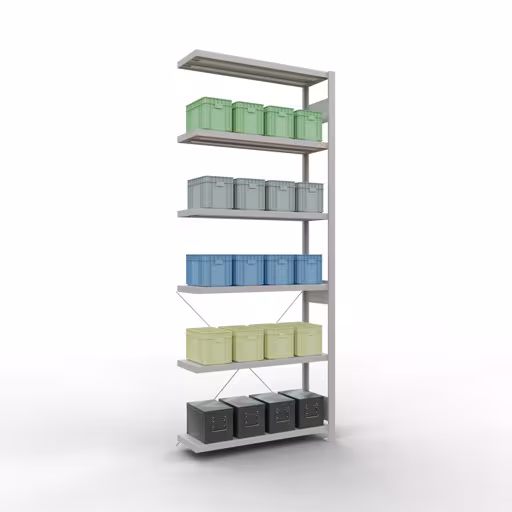 Aanbouwrekken, legborden, insteeksysteem MULTIplus250, 2500 x 1000 x 300 mm (HxBxD), 6 legborden, kruisschoor, RAL 7035 lichtgrijs met artikelnr. 32836 Aanbouwrekken, rekken, insteeksysteem MULTIplus250, 2500 x 1000 x 300 mm, 6 planken, kruisschoor, RAL 7035 lichtgrijs van Schulte Lagertechnik uit de categorie insteeksystemen