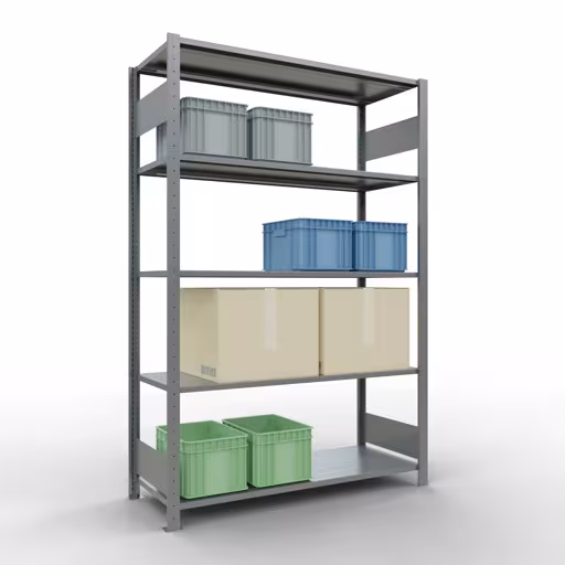 Basisplank, legbord, insteeksysteem MULTIplus150, 2000 x 1300 x 500 mm (HxBxD), 5 legborden, lengtestangen, verzinkt met artikelnr. 12750-130-LR Basisplank, legbord, insteeksysteem MULTIplus150, 2000 x 1300 x 500 mm, 5 legborden, lengtestangen, verzinkt van Schulte Lagertechnik uit de categorie insteeksysteem