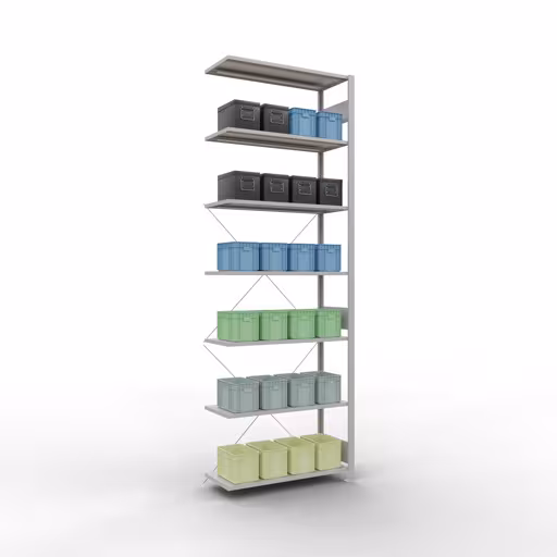 Productafbeelding nr. 14 van het artikel Aanbouwrekken, legbordstellingen, insteeksysteem MULTIplus85, 3000 x 1000 x 400 mm (HxBxD), 7 legborden, kruisschoor, RAL 7035 lichtgrijs Afbeelding nr. 14 van het artikel aanbouwrekken, legbordstellingen, insteeksysteem MULTIplus85, 3000 x 1000 x 400 mm, 7 legborden, RAL 7035 lichtgrijs uit de productgroep insteeksysteem van het merk Schulte Lagertechnik