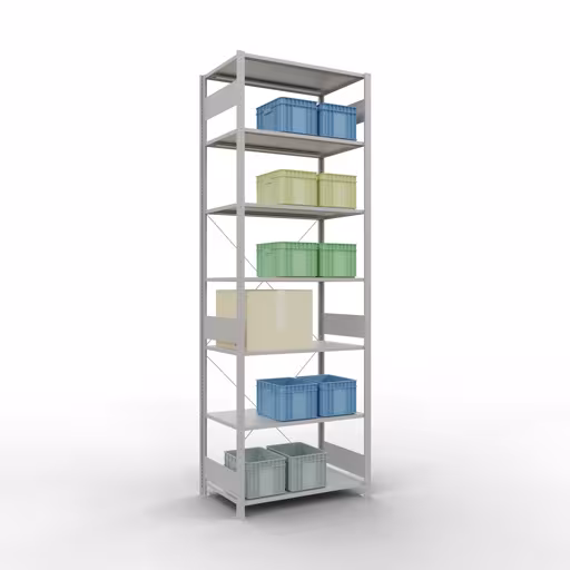 Productafbeelding nr. 14 van het artikel basisplank, legbord, insteeksysteem MULTIplus85, 3000 x 1000 x 600 mm (HxBxD), 7 legborden, kruisschoor, RAL 7035 lichtgrijs Figuur nr. 14 van het artikel basisrek, legplank-insteeksysteem MULTIplus85, 3000 x 1000 x 600 mm, 7 legborden, RAL 7035 lichtgrijs uit de productgroep insteeksysteem van het merk Schulte Lagertechnik.