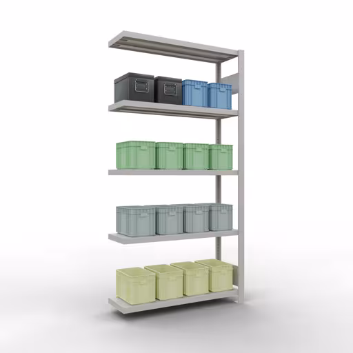 Aanbouwrek, stelling, insteeksysteem MULTIplus330, 2000 x 1000 x 300 mm, 5 legborden, lengtestangen, RAL 7035 lichtgrijs van het merk Schulte Lagertechnik uit het assortiment insteeksysteem