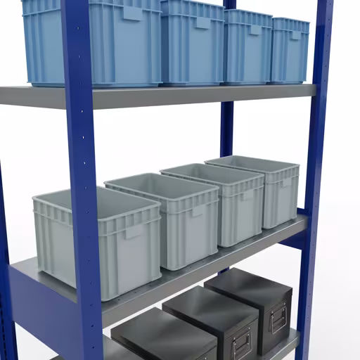 Productafbeelding nr. 13 van het artikel basisplank, legbord, insteeksysteem MULTIplus330, 2500 x 1000 x 400 mm (HxBxD), 6 legborden, lengtestangen, RAL 5010 gentiaanblauw/verzinkt Figuur nr. 13 van het artikel basisrek, legbord, insteeksysteem MULTIplus330, 2500 x 1000 x 400 mm, 6 legborden, lengtestangen, RAL 5010 gentiaanblauw/verzinkt uit de insteeksysteem productgroep van Schulte Lagertechnik.