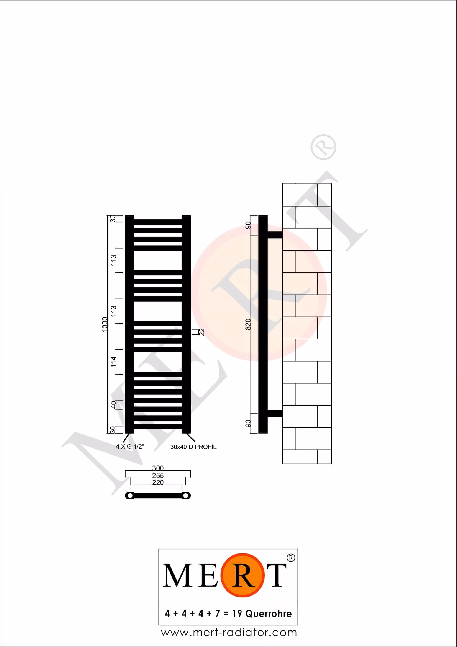 MERT vervangende badkamerradiator wit recht, 300*1000 mm, standaard rechts/links aansluiting (GEEN middenaansluiting) van MERT met art.nr. 1-30x100-pag