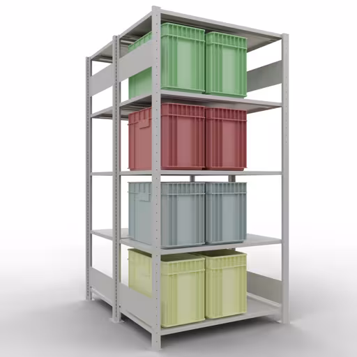 Basisplank, dubbele plank, stellingsysteem MULTIplus150, 2000 x 1000 x (2x600) mm (HxBxD), 2x5 planken, lengtestangen, RAL 7035 lichtgrijs met de GTIN 4004514269997 Basisplank, dubbele plank, plankplank, insteeksysteem MULTIplus150, 2000 x 1000 x (2x600) mm, 2x5 planken, RAL 7035 lichtgrijs van Schulte Lagertechnik met het artikelnr. 33160