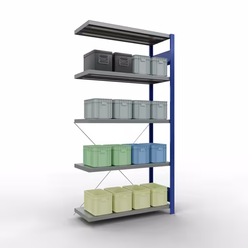 Extra afbeelding van het artikel Aanbouwplank, legplank, insteeksysteem MULTIplus250, 2000 x 1000 x 400 mm, 5 legborden, kruisschoor, RAL 5010 gentiaanblauw/verzinkt vanaf opzetplank