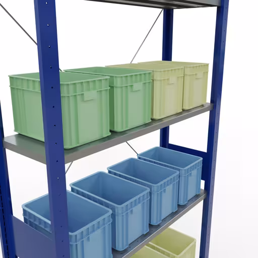 Extra afbeelding van het artikel Basisplank, legbord, insteeksysteem MULTIplus150, 3000 x 1000 x 300 mm (HxBxD), 7 legborden, kruisschoor, RAL 5010/verzinkt Extra afbeelding van het artikel basisplank, legplank, insteeksysteem MULTIplus150, 3000 x 1000 x 300 mm, 7 legborden, RAL 5010/verzinkt vanaf basisplank