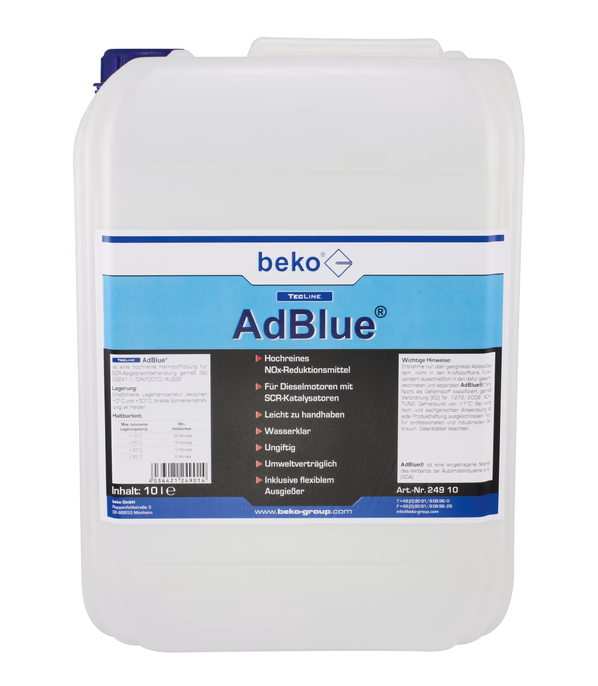AdBlue® 10 l, AUS 32 volgens ISO 22241-1, inclusief vulopening van Beko AdBlue® 10 l, AUS 32 volgens ISO 22241-1, inclusief vulopening uit de categorie voertuigonderhoudsproducten met artikelnr. 249 10