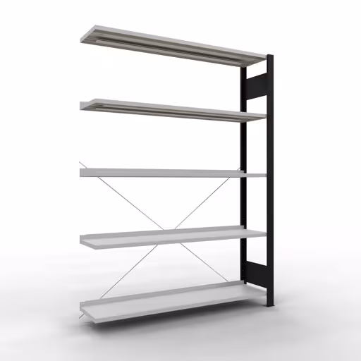 Aanbouwstelling, kantoorstelling, insteeksysteem MULTIplus85, 1800 x 1300 x 300 mm (HxBxD), 5 legborden, kruisschoor, met aanslaglijst, zwart/lichtgrijs, insteeksysteem, art.nr. 36005-S
