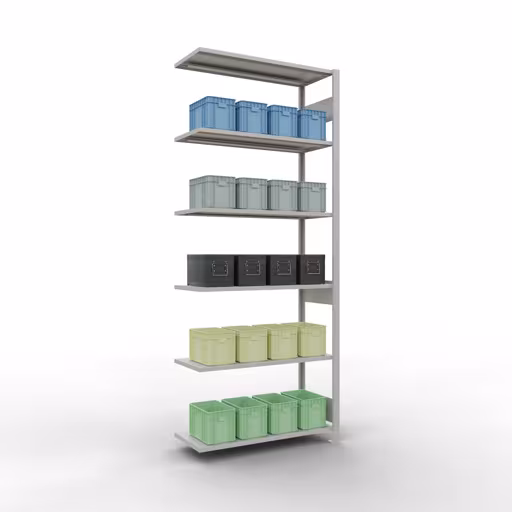 Productafbeelding nr. 13 van het artikel Aanbouwrekken, legbordstellingen, insteeksysteem MULTIplus85, 2500 x 1000 x 400 mm (HxBxD), 6 legborden, lengtestangen, RAL 7035 lichtgrijs Figuur nr. 13 van het artikel aanbouwrekken, legbordstellingen, insteeksysteem MULTIplus85, 2500 x 1000 x 400 mm, 6 legborden, RAL 7035 lichtgrijs uit de productgroep insteeksysteem van het merk Schulte Lagertechnik.