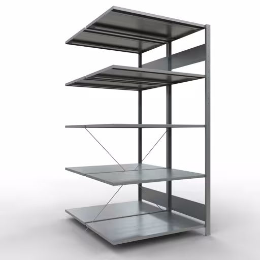 Aanbouwrekken, dubbele rekken, stellingsysteem MULTIplus150, 2000 x 1000 x (2x600) mm (HxBxD), 2x5 planken, kruisschoor, gegalvaniseerd van Schulte Lagertechnik Aanbouwplank, dubbele plank, stellingsysteem MULTIplus150, 2000 x 1000 x (2x600) mm (HxBxD), 2x5 legborden, kruisschoor, verzinkt, dubbele legborden, art.nr. 13765