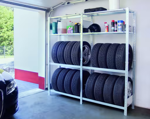 Productafbeelding nr. 10 van het artikel basisplank, garageplankenset MULTIplus150, 2000 x 1000 x 400 mm (HxBxD), verzinkt, 2 planken, 2 bandenniveaus met een vakbelasting van 150 kg per niveau Figuur nr. 10 van het artikel basisplank, garageplankenset MULTIplus150, 2000 x 1000 x 400 mm, verzinkt, 2 planken, 2 bandenniveaus met 150 kg vakbelasting per niveau uit de productgroep schappenplanken van Schulte Lagertechnik.