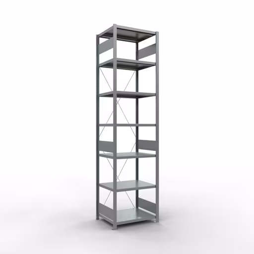 Basisplank, legplank, insteeksysteem MULTIplus250, 3000 x 750 x 600 mm (HxBxD), 7 legborden, kruisschoor, verzinkt, basisplank, art.nr. 12962-75