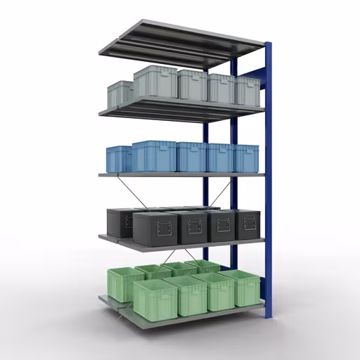 Aanbouwrekken, dubbele rekken, stellingsysteem MULTIplus150, 2000 x 1000 x (2x400) mm (HxBxD), 2x5 planken, kruisschoor, RAL 5010 gentiaanblauw met de GTIN 4004514293763 Aanbouwplank, dubbele plank, plankplank, insteeksysteem MULTIplus150, 2000 x 1000 x (2x400) mm, 2x5 planken, RAL 5010 gentiaanblauw van Schulte Lagertechnik met artikelnr. 32745-B