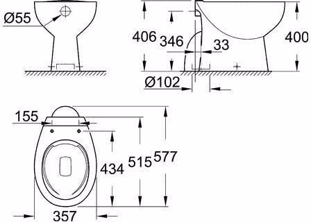 Technische Zeichnung 4069445 GROHE staande WC Bau Ceramic 39431 randloze uitloop verticaal alpine wit