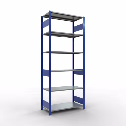 Basisplank, legplank, insteeksysteem MULTIplus150, 2500 x 1000 x 500 mm (HxBxD), 6 legborden, lengtestangen, RAL 5010 gentiaanblauw/verzinkt, basisplank, art.nr. 12751-LR-B