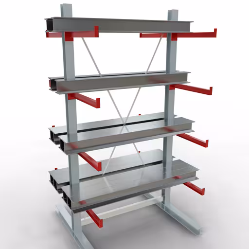 Productafbeelding nr. 11 van artikel K 6000 complete plank, dubbelzijdig, 3000 x 1500 x 2x 750 mm, RAL 7001 / RAL 3000, 5 opslagniveaus Figuur nr. 11 van het artikel K 6000 complete stelling, dubbelzijdig, 3000 x 1500 x 2x 750 mm, RAL 7001 / RAL 3000, 5 opslagniveaus uit de productgroep draagarmstellingen van Schulte Lagertechnik.