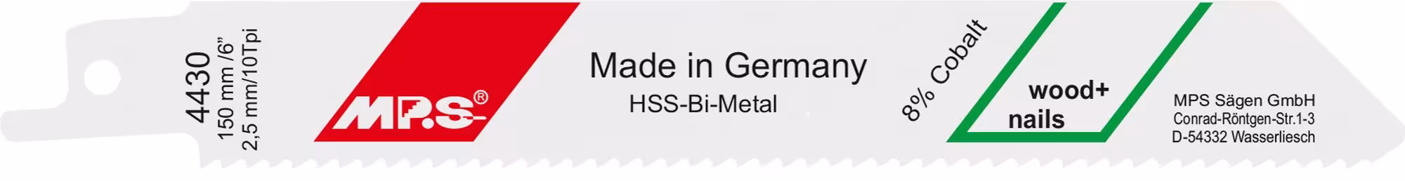 Bimetaal reciprozaagblad gefreesd en gezet totale lengte 150/vertande lengte 130 mm, tandsteek 2,5 mm van MPS MPS bimetaal reciprozaagblad voor hout, spijkervast, reciprozaagblad, art.nr. 4430-5