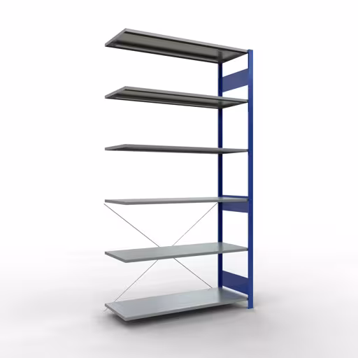 Aanbouwrekken, rekken, insteeksysteem MULTIplus150, 2500 x 1300 x 500 mm (HxBxD), 6 legborden, kruisschoor, RAL 5010 gentiaanblauw/verzinkt, aanbouwplank, art.nr. 12756-130-B