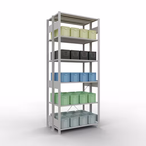 Figuur nr. 12 van het artikel basisrek, dubbel legbord, legbordinsteeksysteem MULTIplus150, 2500 x 1000 x (2x300) mm, 2x6 legborden, RAL 7035 lichtgrijs uit de productgroep legbordstellingen van Schulte Lagertechnik