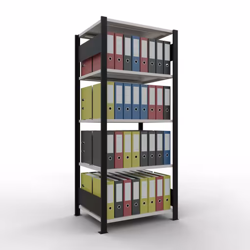 Productafbeelding nr. 14 van het artikel basisplank, kantoorplank, insteeksysteem MULTIplus150, 1800 x 750 x 600 mm, 5 planken, lengtestangen, met middenaanslag, zwart/lichtgrijs Afbeelding nr. 14 van het artikel, kantoorrekken, insteeksysteem MULTIplus150, 1800 x 750 x 600 mm, 5 planken, met middenaanslag, zwart/lichtgrijs uit de productgroep kantoorrekken van Schulte Lagertechnik