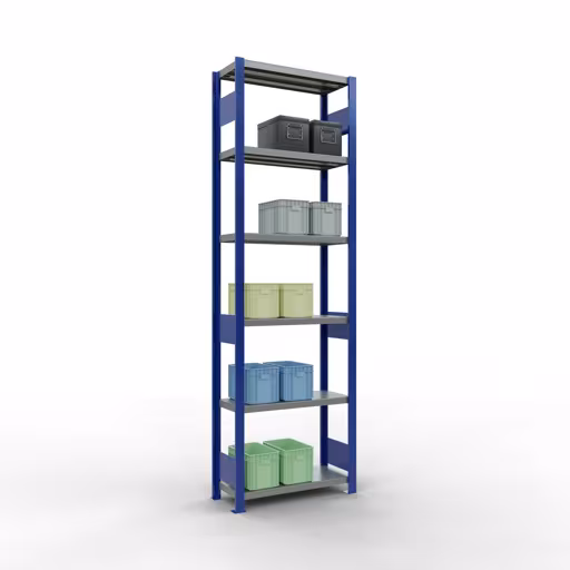 Basisplank, legplank, insteeksysteem MULTIplus250, 2500 x 750 x 300 mm (HxBxD), 6 legborden, lengtestangen, RAL 5010 gentiaanblauw/verzinkt/verzinkt uit de categorie basisplanken met de GTIN 4004514282057 Basisplank, legbord, insteeksysteem MULTIplus250, 2500 x 750 x 300 mm, 6 legborden, lengtestangen, RAL 5010 gentiaanblauw/verzinkt/verzinkt van Schulte Lagertechnik uit het plug-in systeem-assortiment