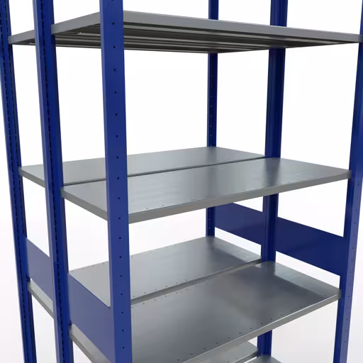 Basisplank, dubbele plank, stellingsysteem MULTIplus150, 3000 x 1000 x (2x400) mm (HxBxD), 2x7 planken, lengtestangen, RAL 5010 gentiaanblauw met de GTIN 4058255012633 Basisplank, dubbele plank, legplank-insteeksysteem MULTIplus150, 3000 x 1000 x (2x400) mm, 2x7 legborden, lengtestangen, RAL 5010 gentiaanblauw van Schulte Lagertechnik met artikelnr. 33142-B