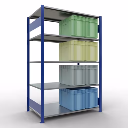 Extra afbeelding van het artikel Basisplank, legbord, insteeksysteem MULTIplus150, 2000 x 1300 x 800 mm (HxBxD), 5 legborden, lengtebalk, RAL 5010 gentiaanblauw/verzinkt Extra afbeelding van het artikel Basisplank, legplank, insteeksysteem MULTIplus150, 2000 x 1300 x 800 mm, 5 legborden, lengtestangen, RAL 5010 gentiaanblauw/verzinkt vanaf basisplank