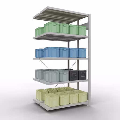 Andere weergave van het artikel Aanbouwplank, dubbele plank, legplank-insteeksysteem MULTIplus250, 2000 x 1000 x (2x400) mm (HxBxD), 2x5 legborden, kruisschoor, RAL 7035 lichtgrijs Andere weergave van het artikel Aanbouwplank, dubbele plank, rekkensysteem MULTIplus250, 2000 x 1000 x (2x400) mm, 2x5 planken, kruisschoor, RAL 7035 lichtgrijs uit de categorie rekken