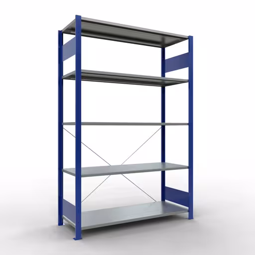 Basisplank, legplank, insteeksysteem MULTIplus150, 2000 x 1300 x 500 mm (HxBxD), 5 legborden, kruisschoor, RAL 5010 gentiaanblauw/verzinkt, basisplank, art.nr. 12750-130-B