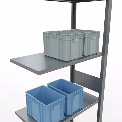 Aanbouwrekken, legborden, insteeksysteem MULTIplus150, 3000 x 750 x 400 mm (HxBxD), 7 legborden, lengtestangen, verzinkt met artikelnr. 12747-75-LR Aanbouwrekken, rekken, insteeksysteem MULTIplus150, 3000 x 750 x 400 mm, 7 planken, verzinkt van Schulte Lagertechnik uit de categorie insteeksystemen