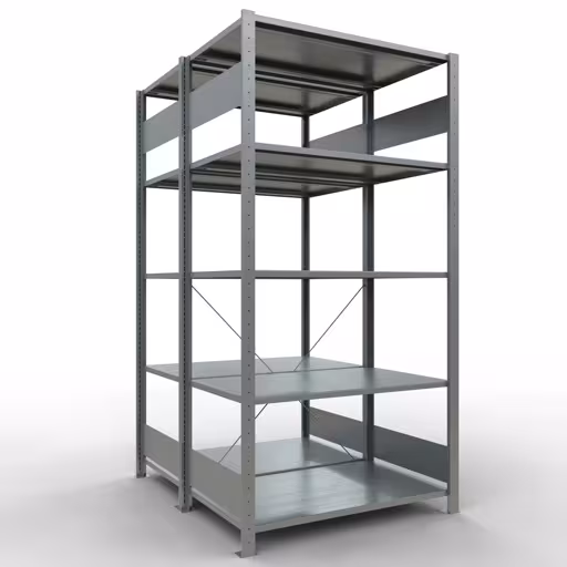 Figuur nr. 14 van het artikel basisrek, dubbel legbord, legbordinsteeksysteem MULTIplus150, 2000 x 1000 x (2x600) mm, 2x5 legborden, kruisschoor, verzinkt uit de productgroep legbordstellingen van Schulte Lagertechnik.
